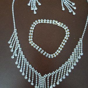 Silver Necklace with Rhinestones, Matching Earings and Bracelet Set
